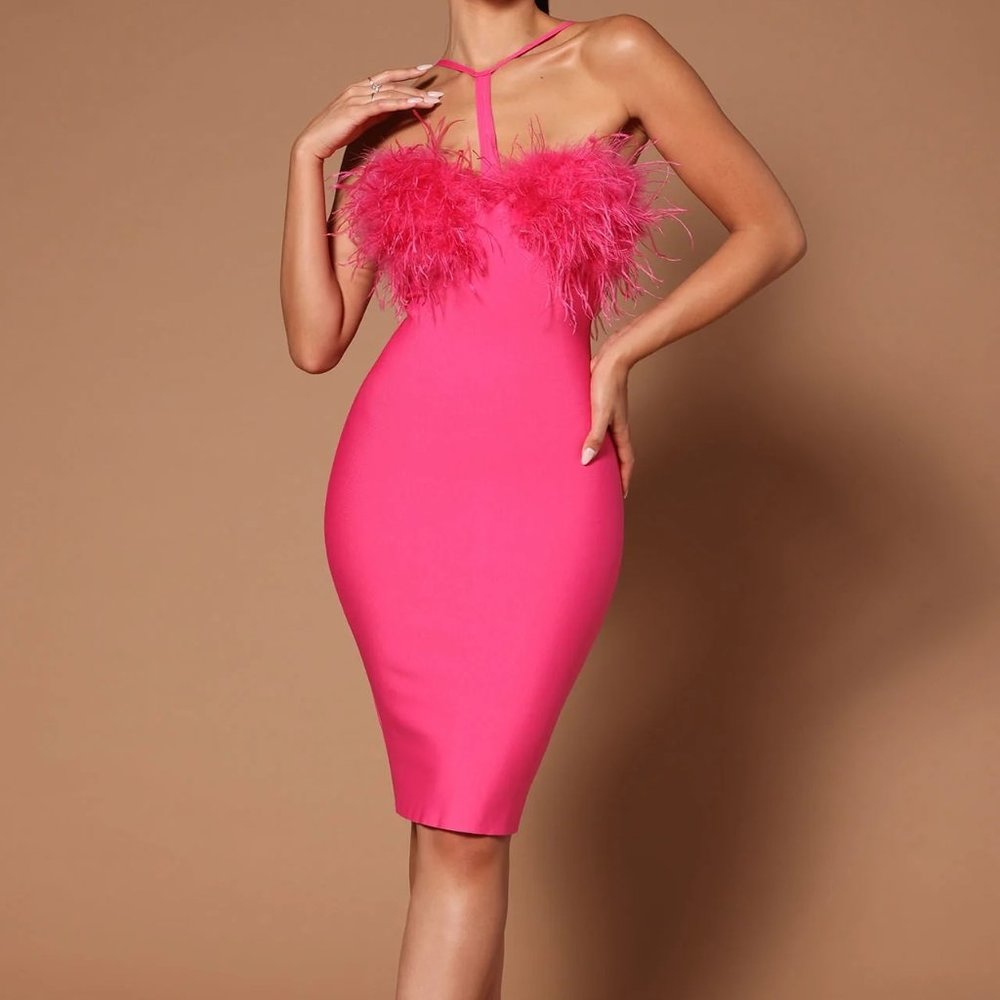 Women Evening Dinner Cocktail Party Club Feather Trim Dress Pink & Green Size XL